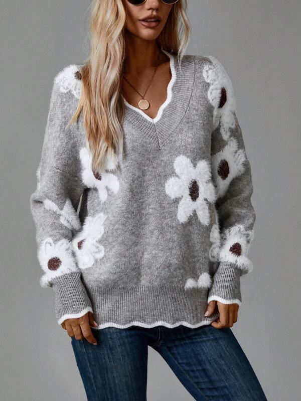 Thea™ | Feminine V-Neck Floral Sweater | Elegant Everyday Comfort