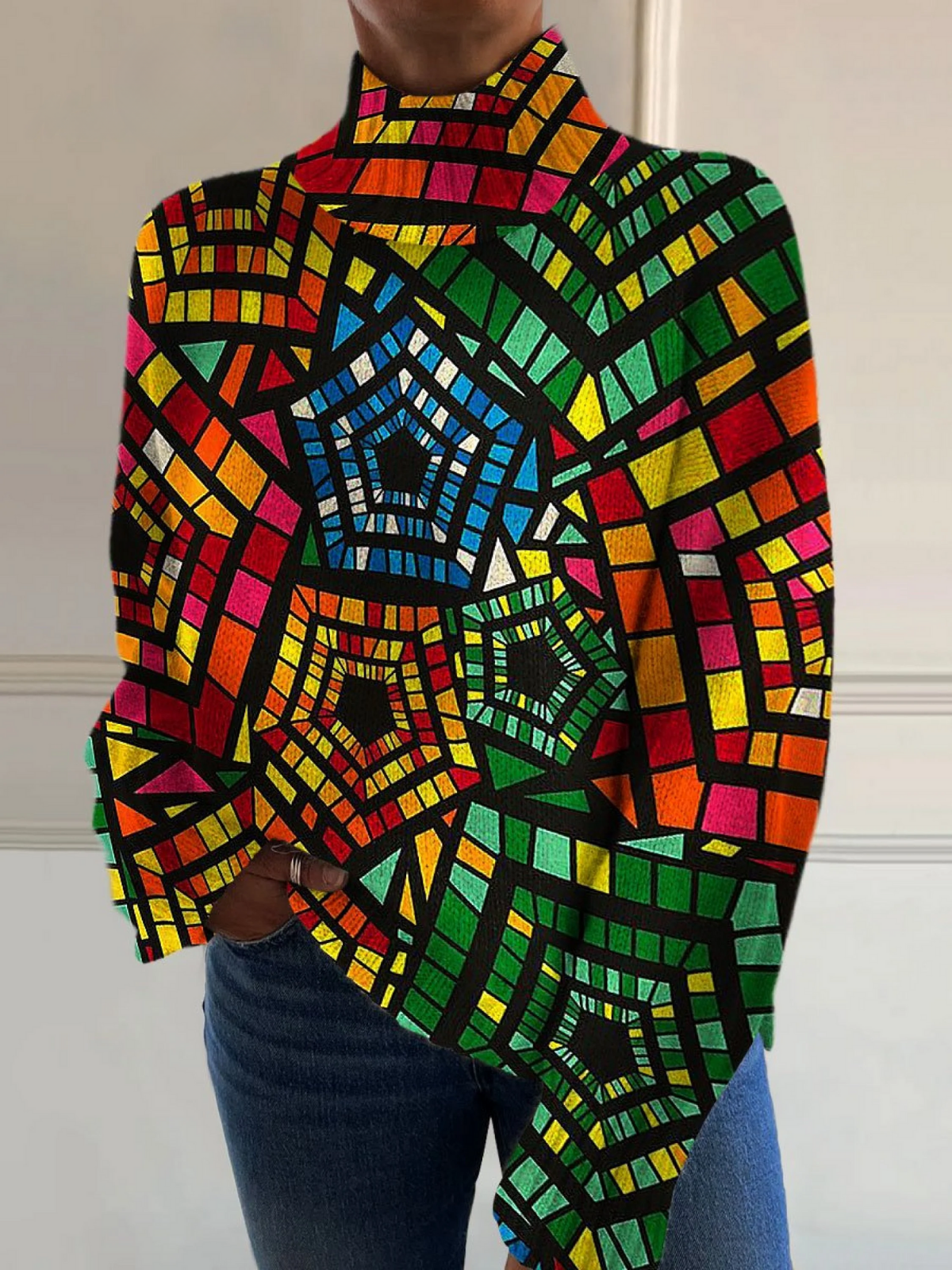 Retro Abstract Colorful Pentagonal Geometric Art Print Knit Turtleneck Pullover Sweater