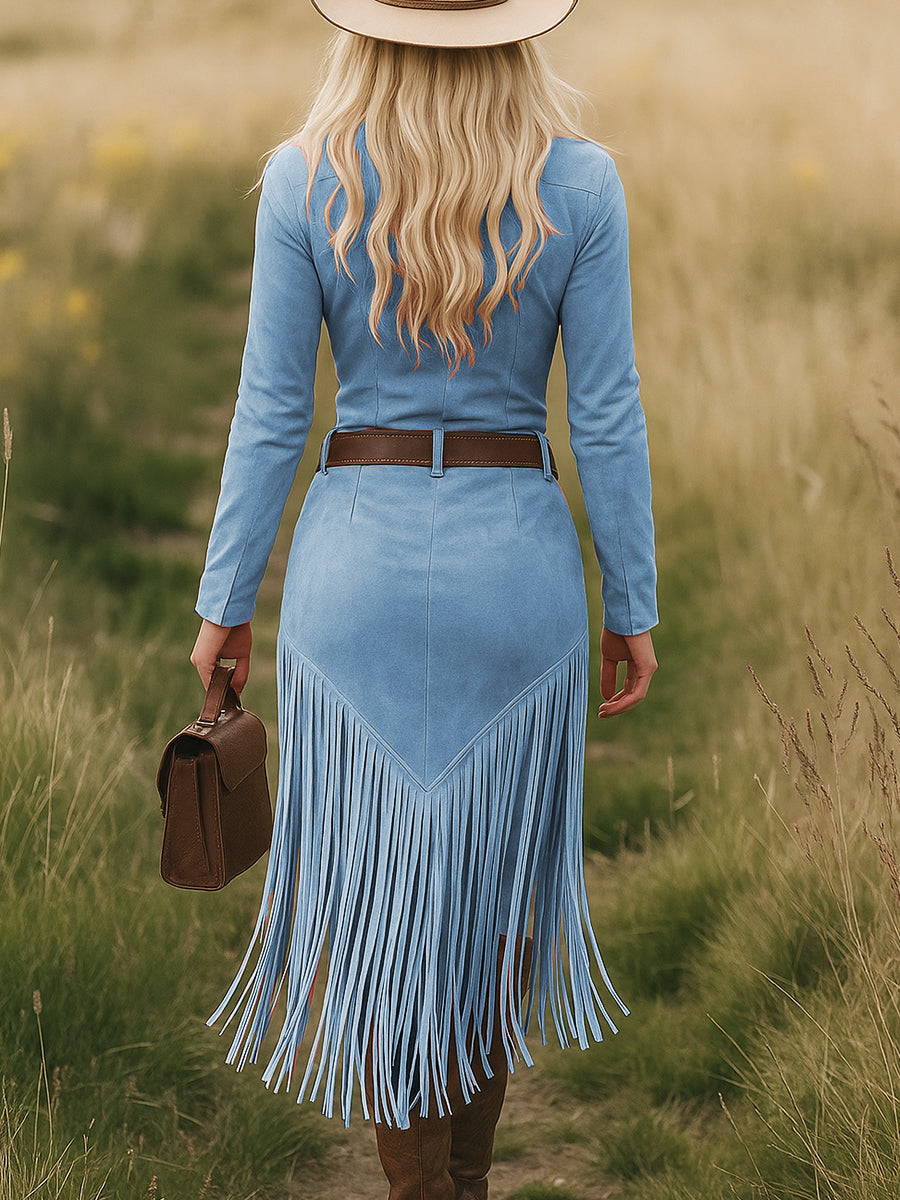 Retro Western Lapel Zipper Long Sleeve Tassel Midi Dress