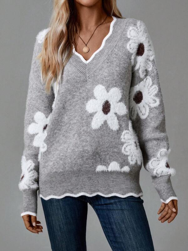 Thea™ | Feminine V-Neck Floral Sweater | Elegant Everyday Comfort
