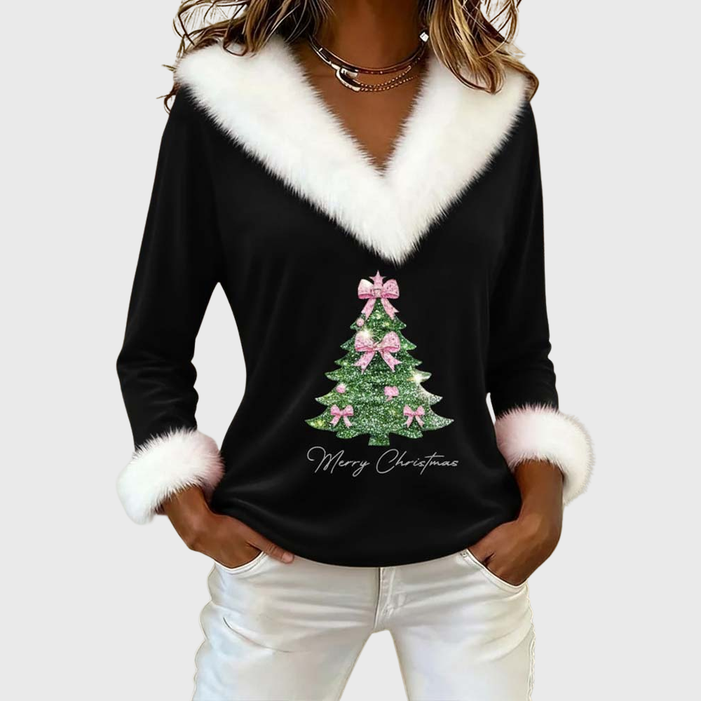 Harper | Large Fur Collar Christmas Print Top
